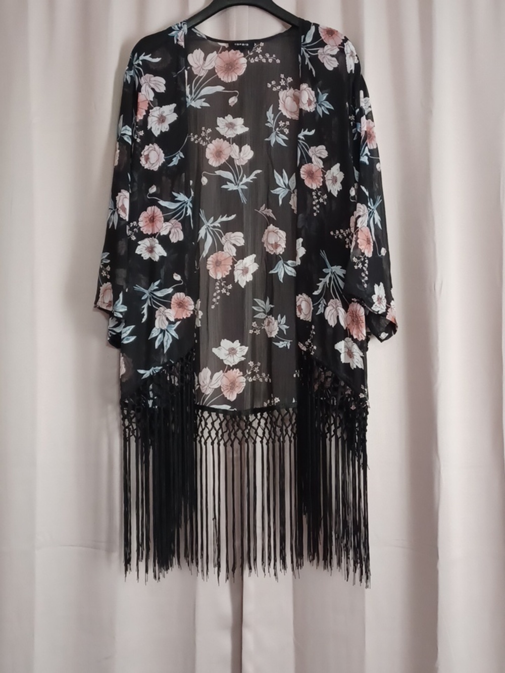 Torrid Floral Fringe Kimono Knotted Macrame Sheer Cover Up Shawl Boho Chic